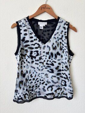 Doncaster Signature Top Womens 10 Grey Animal Print Silk Sleeveless Career Shirt